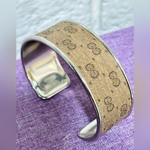 Micro GG Gucci Tan and Silver Cuff Bracelet